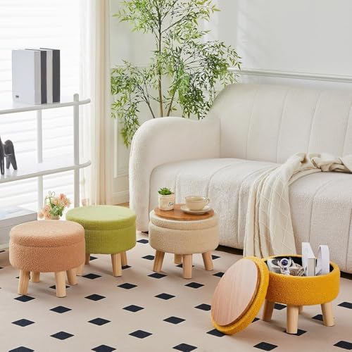 Wimarsbon Storage Ottoman, Modern Round Footrest with Soft Padded Seat, Teddy Velvet Footstool with Wood Legs, Accent Small Table or Plant Stand for Hallway, Living Room (Brilliant Green) - color: Brilliant Green