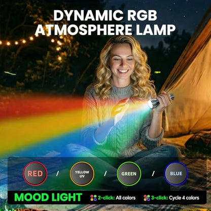 Yemao 2000 Lumen EDC Flashlight Small Rechargeable Flashlight with Memory,Multi-Color Light (Warm Yellow/Red/Green/Blue/UV) with 5 Buttons,Ideal for Home,Outdoor,Emergency Use