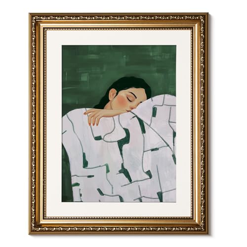 ARPEOTCY Gold Framed Canvas Wall Art, Sofa Sleeping Woman Art Prints, Contemporary Minimalist Decor for Living Resting Room Bedroom Apartment Dormitory Hotel, Trendy Girls Decor,13x16 Inch - color: Woman with Blanket, size: 16"L x 13"W