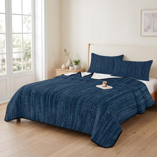 Queen Quilt Bedding Set, Modern Minimalist Navy Blue Lightweight Coverlet Summer Comforter Set Soft Microfiber Bedspread, Vintage Linen Textured 3 Piece Quilt Set with 2 Pillow Shams All Seasons Use - color: Navy Blue, size: 90x96in
