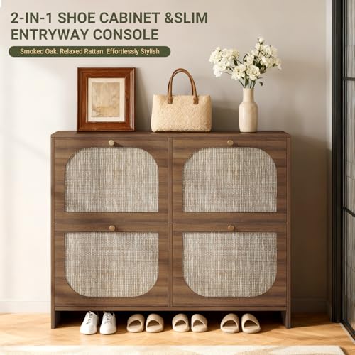Freestanding Ultra Slim Fluted Accent Shoe Storage Cabinet for Entryway - 4 Flip Drawers & 3-Tier Adjustable Shelves, Farmhouse Modern Rustic Shoe Rack for Hallway, Foyer, Living Room - color: Smoked Oak