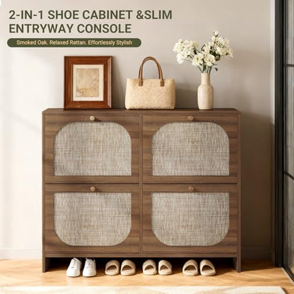 Freestanding Ultra Slim Fluted Accent Shoe Storage Cabinet for Entryway - 4 Flip Drawers & 3-Tier Adjustable Shelves, Farmhouse Modern Rustic Shoe Rack for Hallway, Foyer, Living Room - color: Smoked Oak