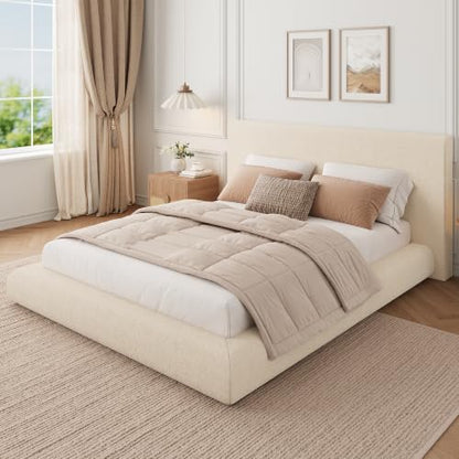 Garvee Cloud Bed Frame King Size with Upholstered Headboard | Modern Cloud Platform Bed King, No Box Spring Needed, Easy Assembly, Soft Plush Fabric, Noise-free, Beige - color: Off-white, size: King (U.S. Standard)