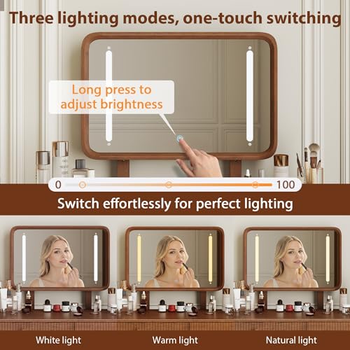Wood Makeup Vanity,Makeup Vanity Desk with Lights,3 Color Modes & Adjustable Brightness,midcentury Modern Vanity,Walnut - size: Wood Vanity with Mirror Light