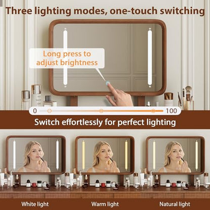 Wood Makeup Vanity,Makeup Vanity Desk with Lights,3 Color Modes & Adjustable Brightness,midcentury Modern Vanity,Walnut - size: Wood Vanity with Mirror Light