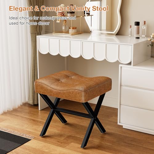 18-Inch Large Leather Vanity Stool Chair, Brown Makeup Stool | Vanity Bench, Metal X-Leg, 350 LBS, 20"x16.9"x18", Ottoman Accent Stool, Thick Padded Saddle Seat, For Living Room Bedroom - size: Large, style: Brown Leather