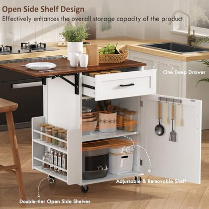 39.3"Farmhouse Kitchen Island with Open Side Rack and Drop Leaf and,Small Kitchen Rolling Cart with Drawer and Storage Cabinet, Narrow Mobile Dining Table with Lockable Wheels and Towel Rack White - color: White