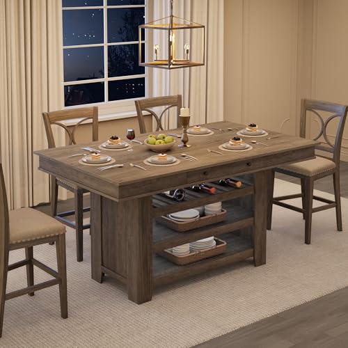 IDEALHOUSE 60" Wood Dining Table for 4-6, Counter Height Kitchen Table with Wine Rack and 2 Drawers, Open Shelves and Sturdy Legs, 4-Tier Stationary Kitchen Island for Dining Room and Kitchen - color: Grey