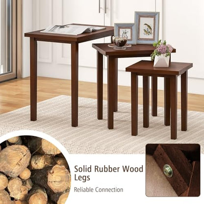 Giantex Nesting Tables Set of 3, Farmhouse Stacking Side Table with Rubber Legs, Wooden Rectangle Accent End Table, Nesting Coffee Tables for Living Room Bedroom (Walnut) - color: Walnut