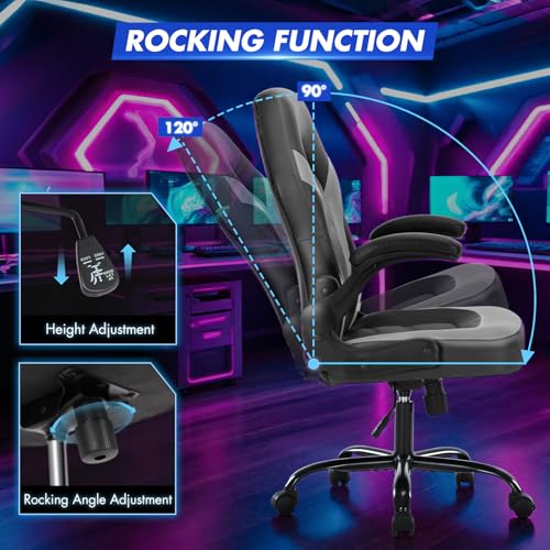 Sweetcrispy Computer Desk Chair, Lumbar Support Video Game Chair PU Leather | PU Leather Flip-up Armrest, Height Adjustable, 360 Swivel for Adults, Black Grey - color: Black Grey