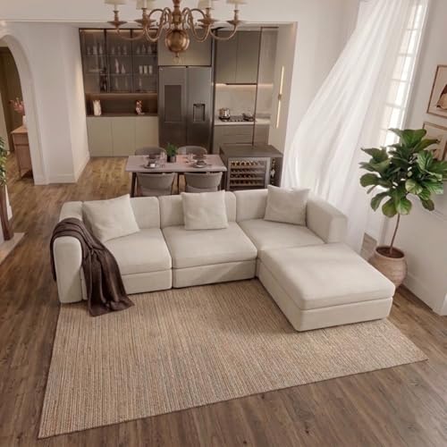 Miuuod Modern Sectional Sofa with 1 Storage Ottoman L Shape Modular Couch 3 Seat Convertible Sectional Couch Deep Seat Living Room High Resilience Cushions for Apartment Home Lounge Beige - color: Beige, style: 4 Seats（3 Seats with 1 Ottomans）