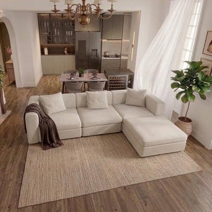 Miuuod Modern Sectional Sofa with 1 Storage Ottoman L Shape Modular Couch 3 Seat Convertible Sectional Couch Deep Seat Living Room High Resilience Cushions for Apartment Home Lounge Beige - color: Beige, style: 4 Seats（3 Seats with 1 Ottomans）