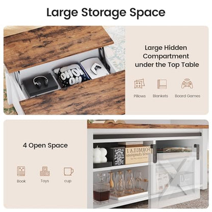 SEDETA 31.5" Lift Top Coffee Table with Storage, Square Coffee Tables for Living Room, Farmhouse Coffee Table with Large Hidden Storage Compartment and Adjustable Shelves, White - color: White