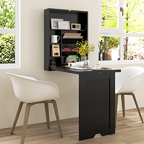 Wall Mounted Desk, Wood Collapsible Floating Desk, Convertible Computer Desk with Storage Area, Hanging Fold Out Table for Home Office, Small Spaces (Black) - color: Black