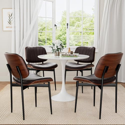 Dining Chairs Set of 2, Mid-Century Modern Upholstered PU Leather Chairs | with Walnut Bentwood Back and Metal Legs Adjustable Feet for Kitchen Dining Room, Dark Brown Shell Strips - color: Dark Brown Shell Strips