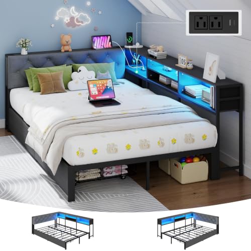 Full Size Corner Bed Frame with Storage Bookcase and Upholstered Headboard | Metal Platform Bed Frame with 2 Storage Drawers, Built-in LED lights and Charging Station, Metal Slats Support, Dark Gray - color: Dark Gray, size: Full