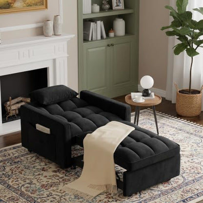 Sleeper Chair with Pull Out Bed, 3 In1 Convertible Couch Bed, Black | Adjustable Backrest,Soft Cushioning,Handy Side Pocket - color: D-black-g4