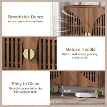 5-Tier Walnut Shoe Storage Cabinet with 2 Slatted Doors, Shoe Cupboard with Adjustable Shelves, Wooden Shoe Rack Organizer for Entryway, Hallway, Closet, Living Room - size: 13.78"D x 31.49"W x 32.67"H