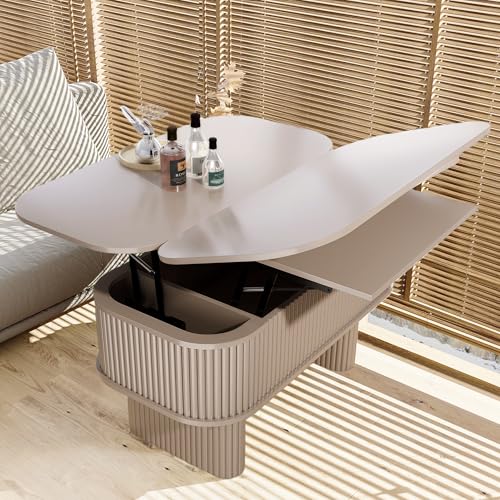 Lifting Coffee Table for Living Room，26-Inch Lift that Converts to Dining Table，3 in 1 Pull Out Coffee Table with Storage，Oval Wood Center Table, Space-Saving for Eating & Laptops - color: Khaki