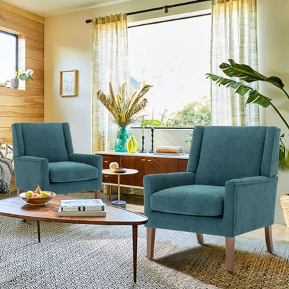 COLAMY Modern Wingback Living Room Chair, Upholstered Fabric Accent Armchair, Single Sofa Chair with Lounge Seat and Wood Legs for Bedroom/Office/Reading Spaces, Teal - color: Teal, size: Set of 1