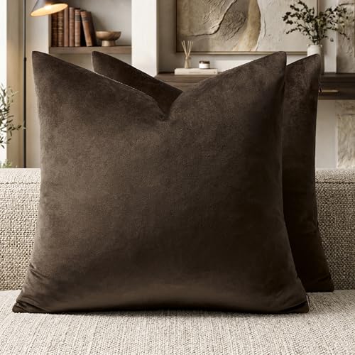 GIGIZAZA Brown Velvet Pillow Covers 16x16 Decorative Pillows Pack of 2 | Throw Pillows for Couch Sofa,280gsm Soft Textured Fabric,Modern Square Pillowcases,Luxury Cushion Covers - color: Brown, size: 16" x 16" (Pack of 2)