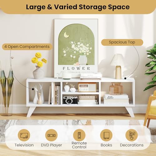 GIANTEX White TV Stand for TVs up to 55", 4-Cubby Modern Entertainment Center with Open Storage Shelves, Wood Media Console Table for Living Room, Bedroom