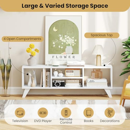 GIANTEX White TV Stand for TVs up to 55", 4-Cubby Modern Entertainment Center with Open Storage Shelves, Wood Media Console Table for Living Room, Bedroom