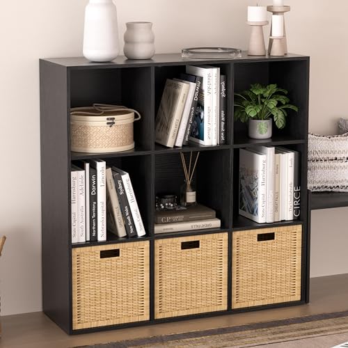 Wooden 9 Cube Storage Organizer with Closed Back Panel,Black Cube Shelf Cubby Storage Organizers with Compartments for Living,Bookshelf,Organizers Easy to Install (Black, 9 Cube) - color: Black, size: 9 Cube-11in