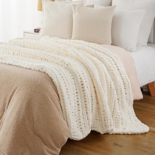 Battilo Chunky Knit Throw Blanket for Couch, 50"x60", White Cream | Hand Knit with Chunky Yarn, Super Soft Chenille Throw Blanket, Cozy Blanket, Farmhouse Throw Blanket for Living Room - color: Cream White