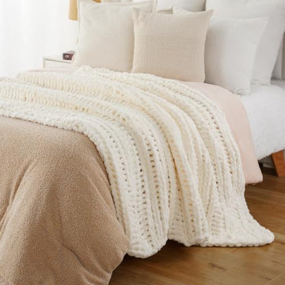 Battilo Chunky Knit Throw Blanket for Couch, 50"x60", White Cream | Hand Knit with Chunky Yarn, Super Soft Chenille Throw Blanket, Cozy Blanket, Farmhouse Throw Blanket for Living Room - color: Cream White
