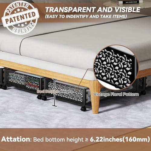 Under Bed Stroage Container with wheels,Patterned,Metal,2 Pack,Black | Tool-free assembly, glide smoothly, easy reach, foldable, maxmazie low-profile beds, dorm, keep seasonal clothes, shoes fresh - color: Black, size: 2 Pack(15.7×23.6")