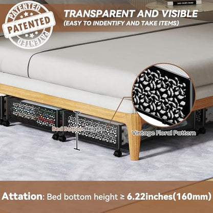 Under Bed Stroage Container with wheels,Patterned,Metal,2 Pack,Black | Tool-free assembly, glide smoothly, easy reach, foldable, maxmazie low-profile beds, dorm, keep seasonal clothes, shoes fresh - color: Black, size: 2 Pack(15.7×23.6")