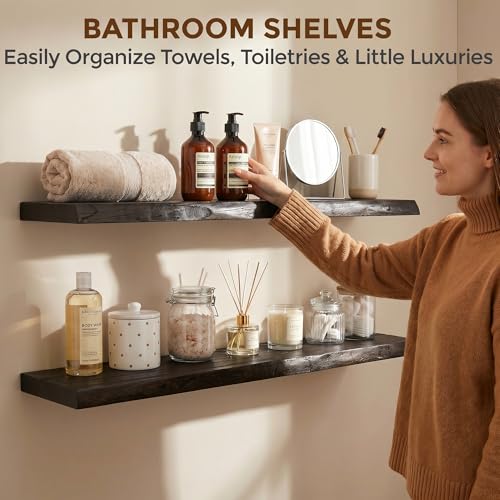 Dreamland 36 Inch Long Floating Shelves Set of 2, Rustic Solid Elm Wood Live Edge Floating Shelf Wall Mounted, 8 Inch Deep Wooden Wall Shelves for Living Room, Bedroom, Bathroom, Kitchen, Walnut - color: Walnut, size: Live Edge - 36"L