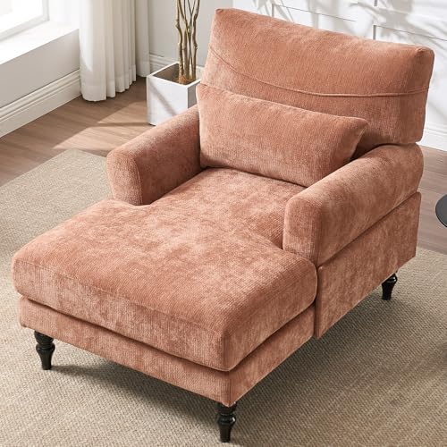 Chaise Lounge Chair Indoor Bedroom, Comfy Lounge Chair with Wide Armrest & Backrest for Small Space, Thick Cushion, High-Density Foam, Waist Pillow, Chenille (Orange) - color: Orange