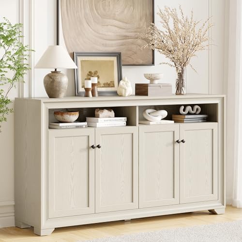 60 Inches Sideboard Buffet Cabinet with Storage and 4 Doors, White | Large Sideboard Kitchen Cabinet with Open Shelf & Adjustable Shelf, Kitchen Coffee Bar Console Table for Living Room, Hallway - color: White