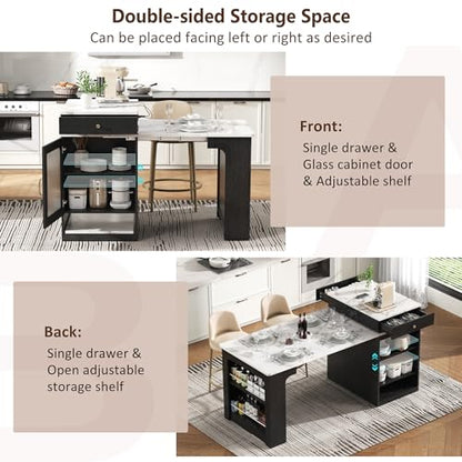 59.5" Kitchen Island with Extendable Dining Table, Kitchen Storage Table with Double-Sided Storage & 2 Drawers, Power Outlet, Side Open Shelves, for Dining Room (Black3) - color: Black3