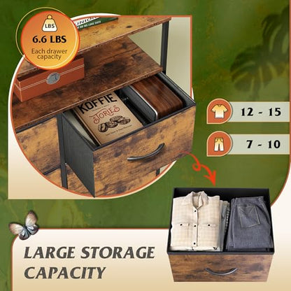 WLIVE Fabric Dresser for Bedroom with Open Shelves, Tall Dresser with 8 Drawers, Storage Tower with Fabric Bins, Chest of Drawers for Closet, Hallway, Rustic Brown Wood Grain Print | 8 fabric drawers plus open shelves, steel frame with wood top, great for