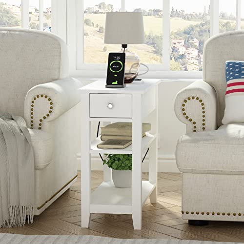 ChooChoo Narrow End Table with Charging Station and Drawer | Narrow End Table, 3-Tier Sofa End Table, Small Space, White - color: White