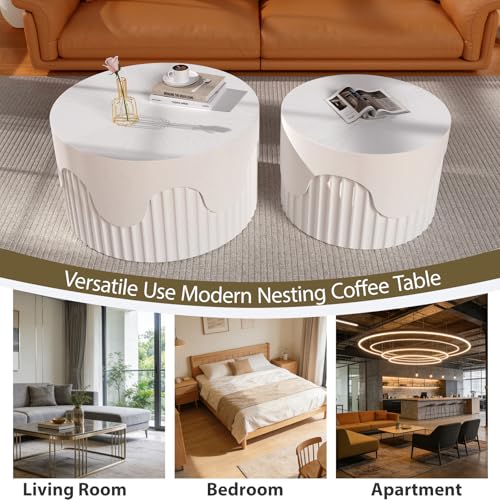 Round Nesting Coffee Table Set of 2 Modern Fluted Coffee Table | Non-Slip Pads, Stackable End Tables for Living Room, No Assembly Required, Space Saving Accent Tables for Small Spaces - color: White 26.77"dx15.35"h