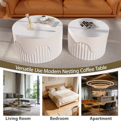 Round Nesting Coffee Table Set of 2 Modern Fluted Coffee Table | Non-Slip Pads, Stackable End Tables for Living Room, No Assembly Required, Space Saving Accent Tables for Small Spaces - color: White 26.77"dx15.35"h