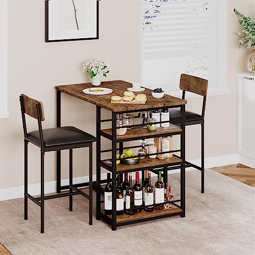 Counter Height Table and 2 Chairs Set, 3-Piece Kitchen Dining Table Set with Upholstered Bar Stools and Storage Shelf, for Small Spaces, Apartment, Kitchen, Dorm - color: Brown, size: Table and 2 Chairs