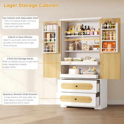 IRONCK 70" Kitchen Pantry Cabinet with Pull-Out Shelves, White | Pantry Storage Cabinet with 6 Door Organizers, 2 Drawers, Kitchen Storage for Kitchen, Dining Room,White & Natural
