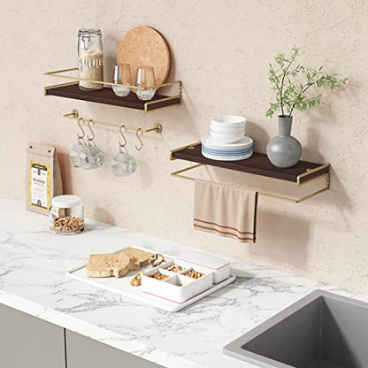 Floating Shelves Bathroom Shelves Over Toilet Set of 2, Bathroom Wall Shelves with Towel Bar, Wall Mounted Vanity Shelf for Bedroom, Kids Room, Kitchen (Brown & Gold) - color: 4. Brown-gold
