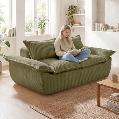 56" Boneless Loveseat, 2-Seater Green Boneless Sofa with Removable Cushions & 2 Pillows, Small Boneless Couch Deep Seat Compress Foam Sofa for Living Room, Apartments, & Office - color: Green, size: Loveseat（56")