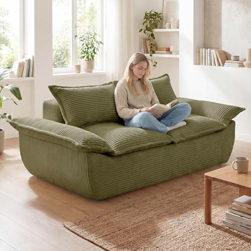 56" Boneless Loveseat, 2-Seater Green Boneless Sofa with Removable Cushions & 2 Pillows, Small Boneless Couch Deep Seat Compress Foam Sofa for Living Room, Apartments, & Office - color: Green, size: Loveseat（56")