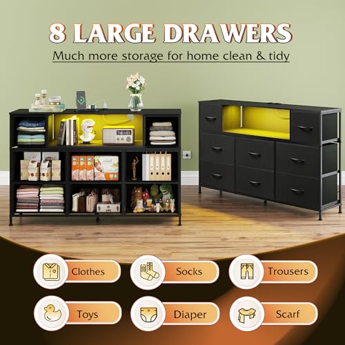 WLIVE LED Dresser TV Stand for 55 Inch TV, 8 Drawers, Black | Fits TVs up to 55 inch, 8 fabric drawers, LED chest of drawers, Built-in power outlet, Living room or bedroom - color: Black