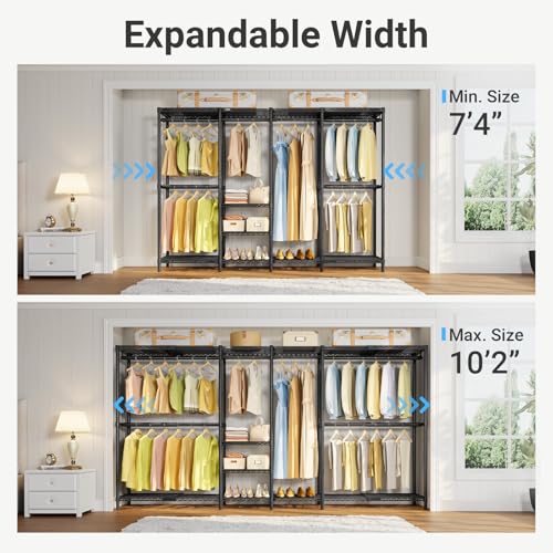 VIPEK X4 Expandable Heavy Duty Clothes Rack Wardrobe Closet Organizer Black | Large Reach-in & Walk-in Closet System with Adjustable Shelves & Hanger Rods from 7'4" to 10'2", Metal Clothing Rack, 1530LBS