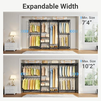 VIPEK X4 Expandable Heavy Duty Clothes Rack Wardrobe Closet Organizer Black | Large Reach-in & Walk-in Closet System with Adjustable Shelves & Hanger Rods from 7'4" to 10'2", Metal Clothing Rack, 1530LBS