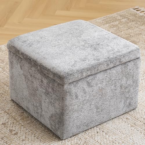 Modern Cube Storage Ottoman, Chenille Ottoman Foot Stools, Ottoman Footstool with Removable Lid, Storage Ottoman for Chair, Multi-Functional Footrest, Dark Grey - color: Dark Grey, size: Ottoman