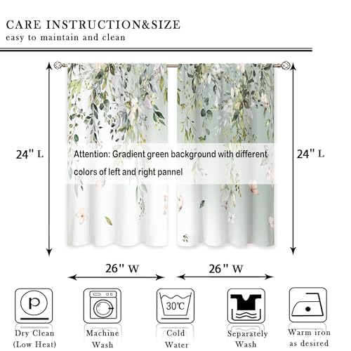 Eucalyptus Botanical Leaves Floral Kitchen Window Curtains Butterfly Farmhouse Flower Leaf Small Window Treatment Sage Green Cafe Short Curtains for Bathroom Treatment Tier Drapes 26x24 inch - color: 03 Gradient Green, size: 26"W x 24"L (Pack of 2)